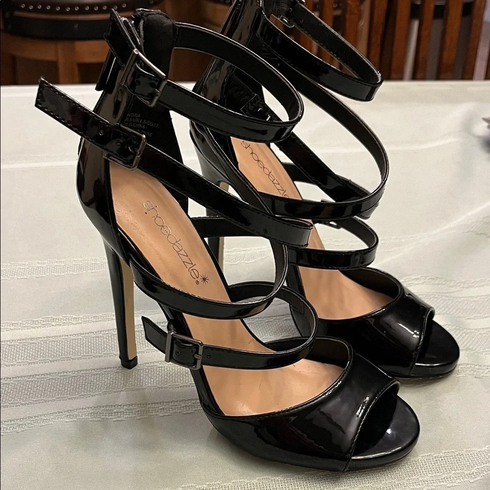 Shoe Dazzle Glossy Black Strappy Heels Size 6.5